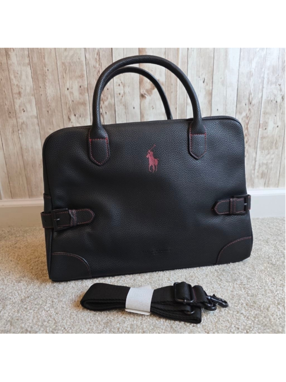 NWOT Ralph Lauren Black Leather Laptop Bag with Red Logo Stitching